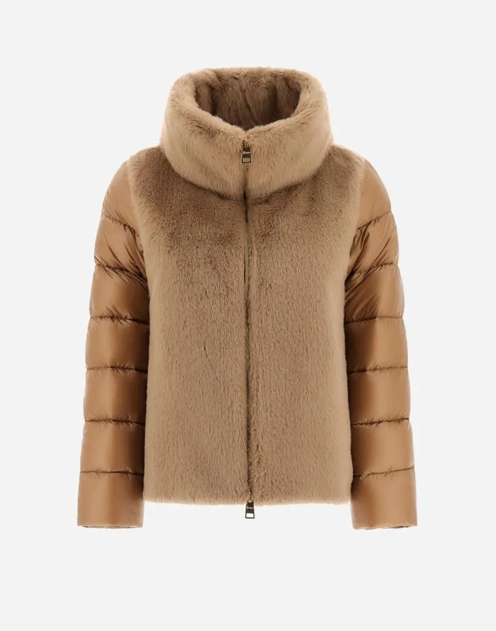 Herno CAPE IN NYLON ULTRALIGHT AND NEW LADY FAUX FUR Camel Women Parka and Jackets