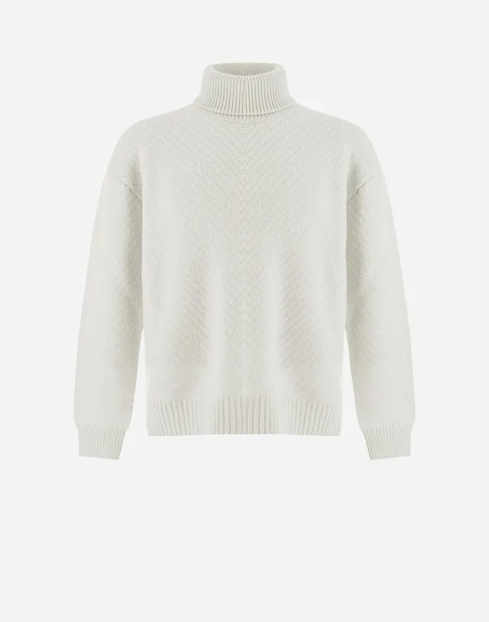Herno TURTLENECK SWEATER IN INFINITY HERRINGBONE WOOL Cream Men Knitwear