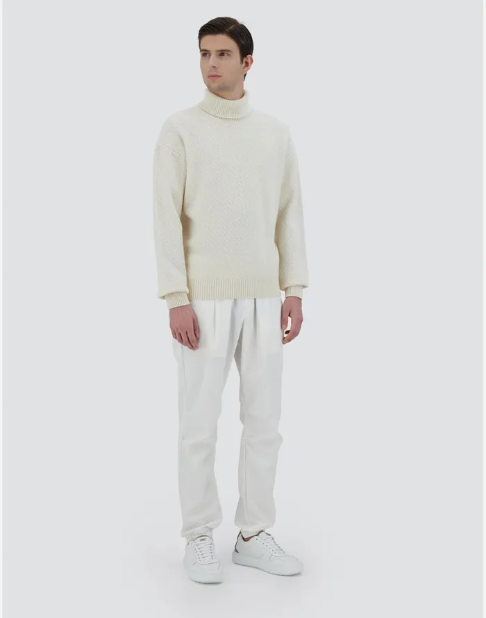 Herno TURTLENECK SWEATER IN INFINITY HERRINGBONE WOOL Cream Men Knitwear