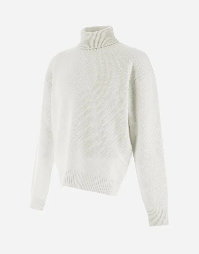 Herno TURTLENECK SWEATER IN INFINITY HERRINGBONE WOOL Cream Men Knitwear
