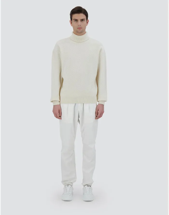 Herno TURTLENECK SWEATER IN INFINITY HERRINGBONE WOOL Cream Men Knitwear