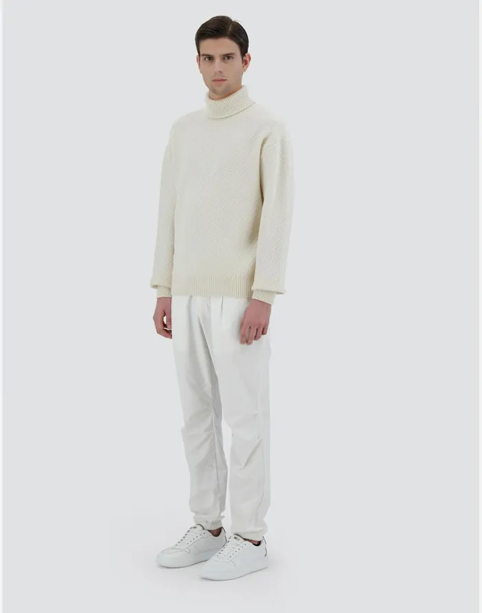 Herno TURTLENECK SWEATER IN INFINITY HERRINGBONE WOOL Cream Men Knitwear