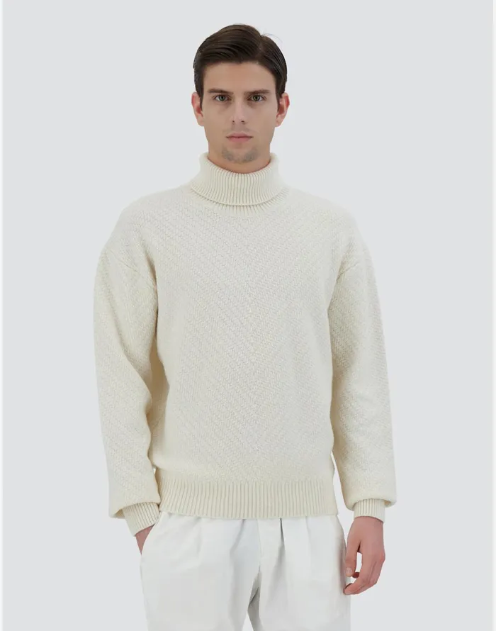 Herno TURTLENECK SWEATER IN INFINITY HERRINGBONE WOOL Cream Men Knitwear
