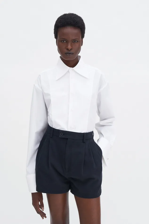 High Waist Pleated Cotton Shorts Black Women Trousers filippak
