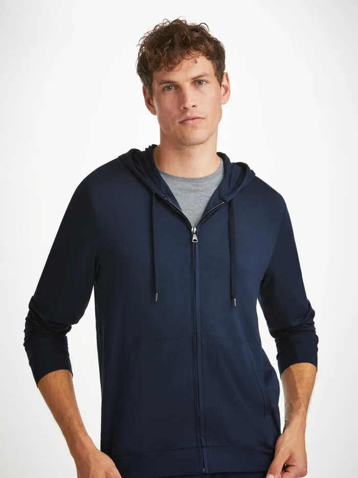 Hooded Tops Men Derek Rose Hoodie Basel Micro Modal Stretch Navy
