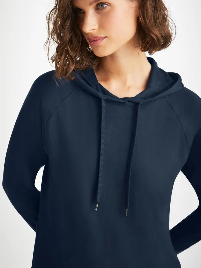 Hooded Tops Women Derek Rose Pullover Hoodie Basel Micro Modal Stretch Navy