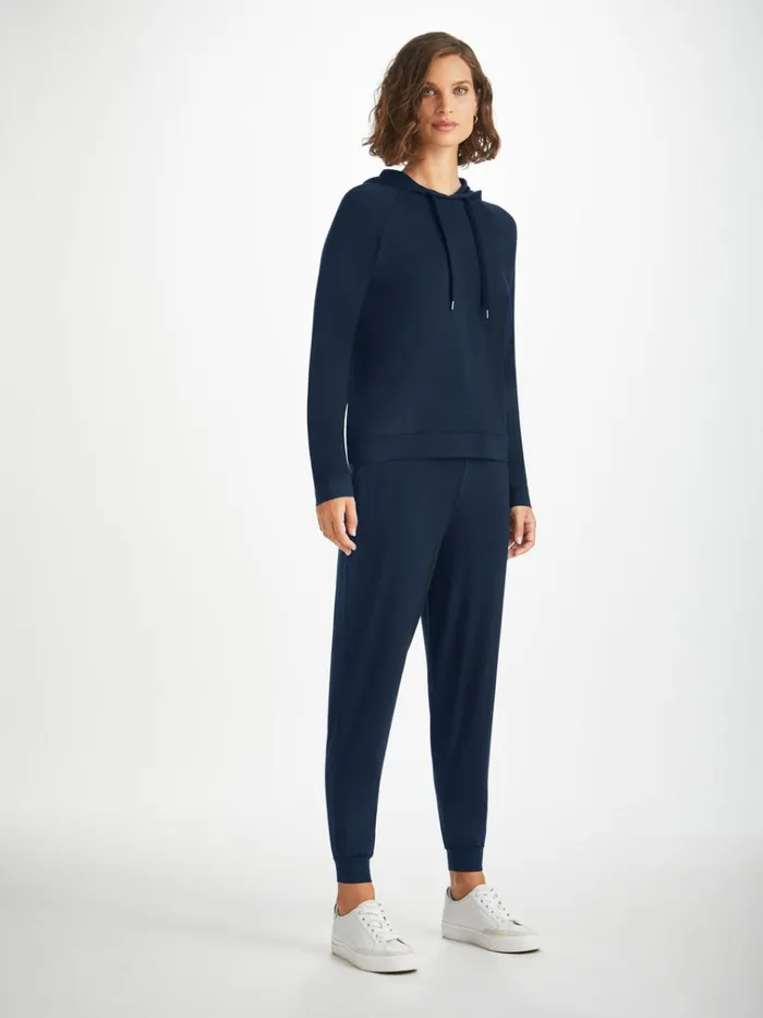 Hooded Tops Women Derek Rose Pullover Hoodie Basel Micro Modal Stretch Navy