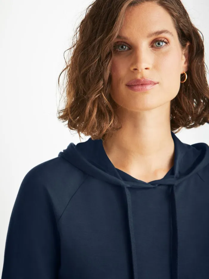 Hooded Tops Women Derek Rose Pullover Hoodie Basel Micro Modal Stretch Navy