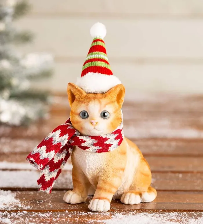 Indoor Living Holiday Kitten Statue With Hat And Scarf Plow and Hearth Online