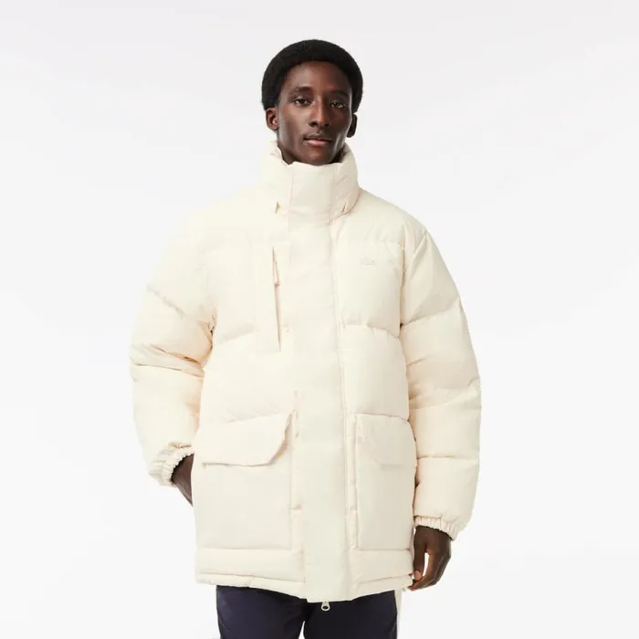 Jackets and Coats Men Lacoste Men039s Removable Hood Midi Puffer Jacket Cream Xfj