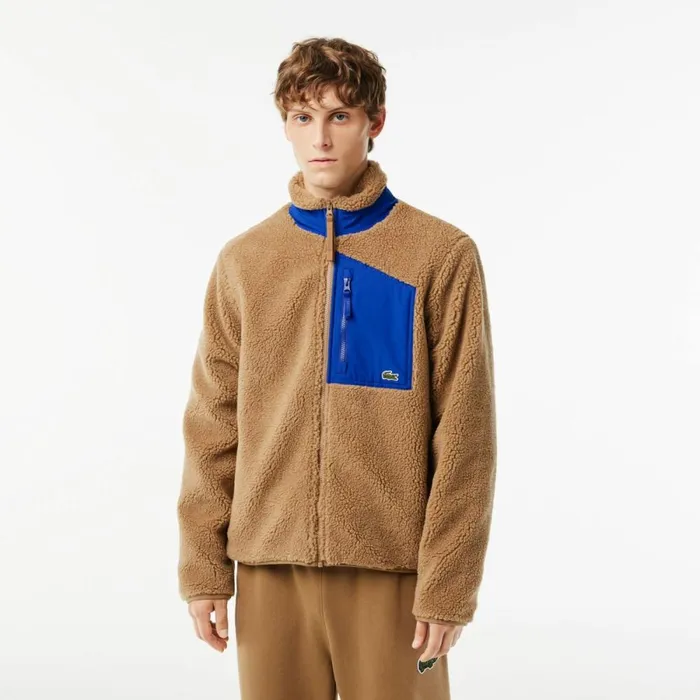 Jackets and Coats Men Lacoste Men039s ZipUp Colorblock Fleece Jacket Brown Blue Ize