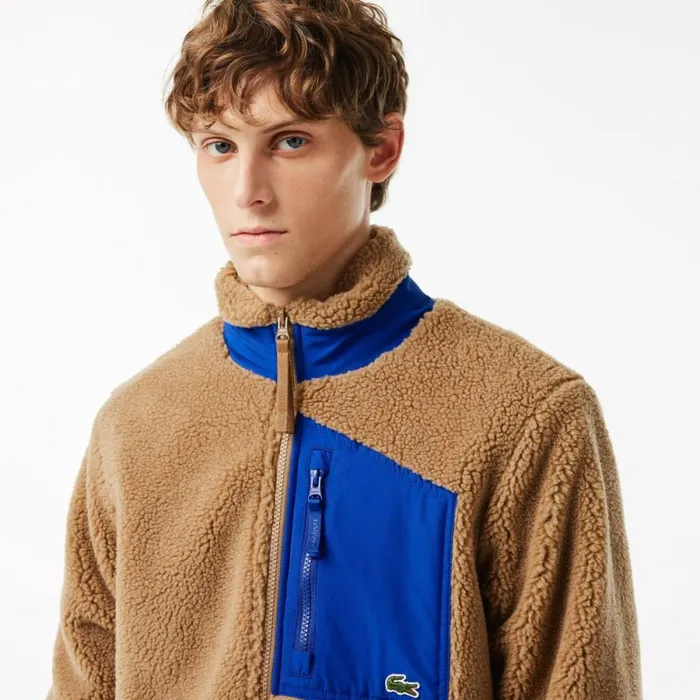 Jackets and Coats Men Lacoste Men039s ZipUp Colorblock Fleece Jacket Brown Blue Ize