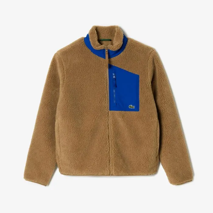 Jackets and Coats Men Lacoste Men039s ZipUp Colorblock Fleece Jacket Brown Blue Ize