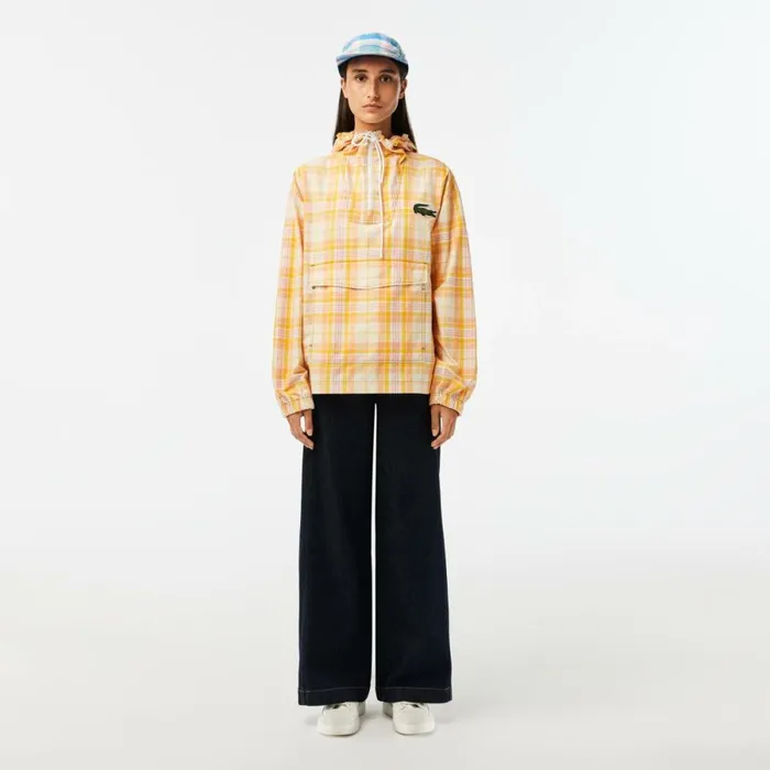 Jackets and Coats Women Lacoste Womens Checked PullOver Jacket White Yellow Light Orange Pink White Vui
