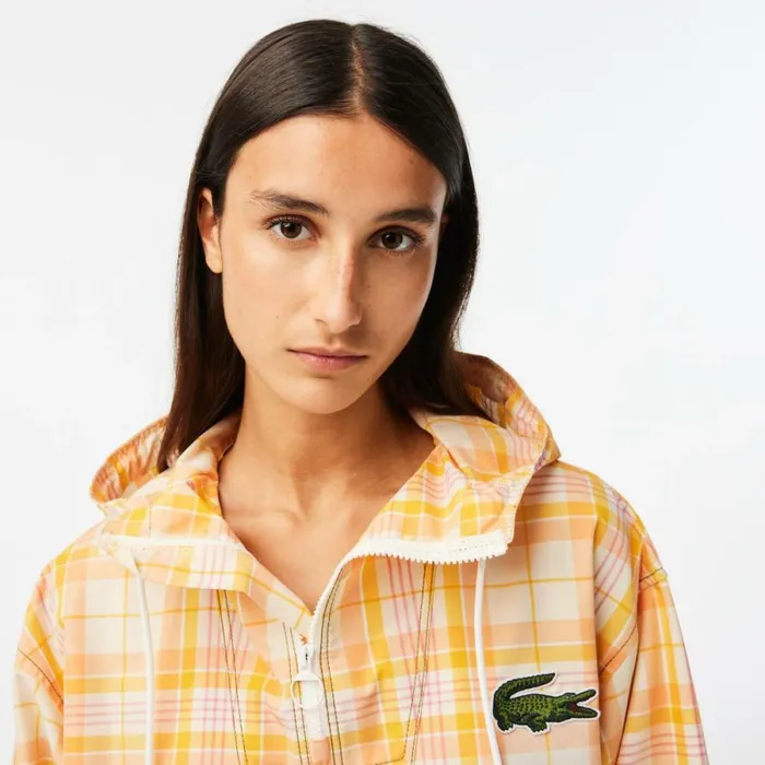 Jackets and Coats Women Lacoste Womens Checked PullOver Jacket White Yellow Light Orange Pink White Vui