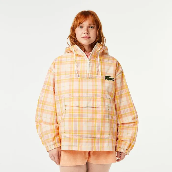 Jackets and Coats Women Lacoste Womens Checked PullOver Jacket White Yellow Light Orange Pink White Vui