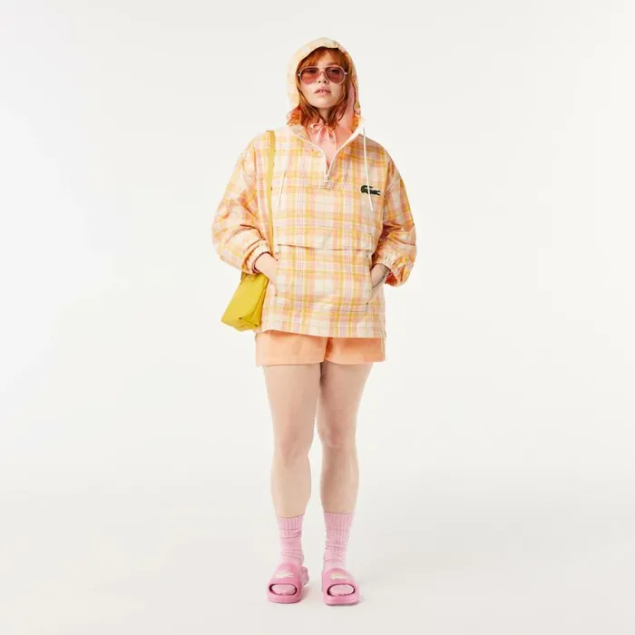 Jackets and Coats Women Lacoste Womens Checked PullOver Jacket White Yellow Light Orange Pink White Vui