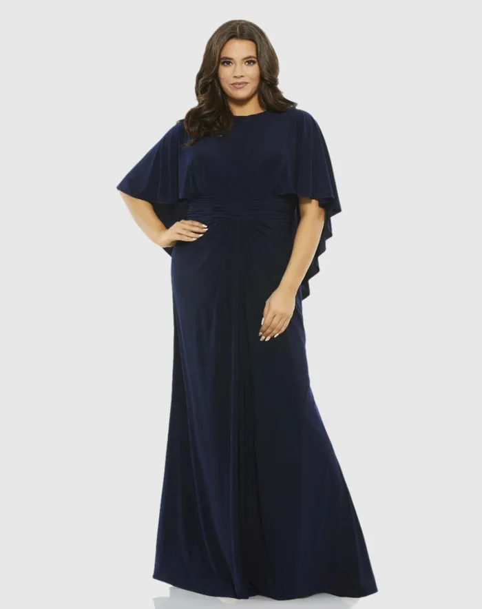 Jersey Cape Sleeve A Line Gown Plus Navy Plus Size Dresses Mac Duggal Women