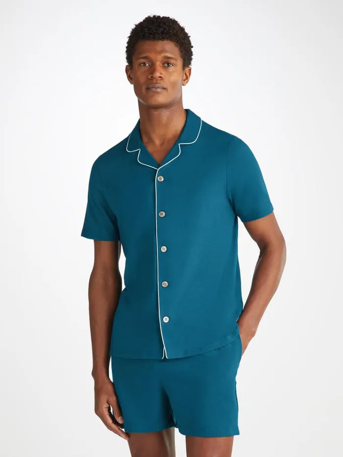 Jersey Pajamas Men Derek Rose Short Pajamas Basel Micro Modal Stretch Poseidon Blue