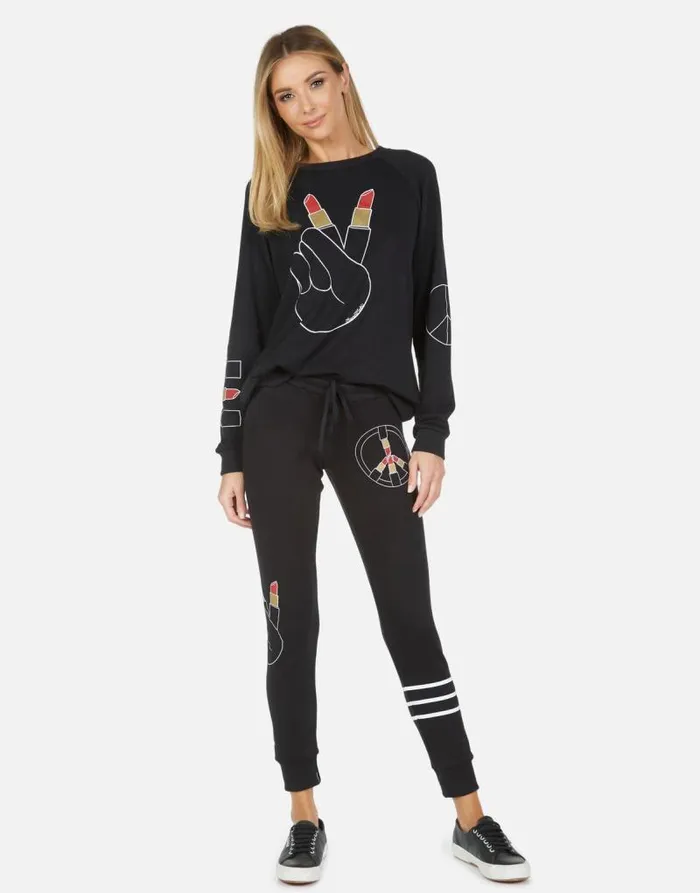 Jess Lipstick Peace Black Women Lauren Moshi Long Sweatpants