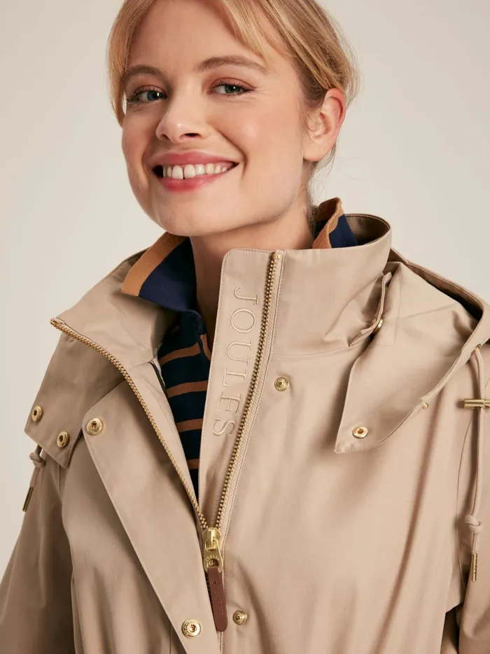 Joules Coats and Jackets Women Beige Waterproof Long Raincoat With Hood