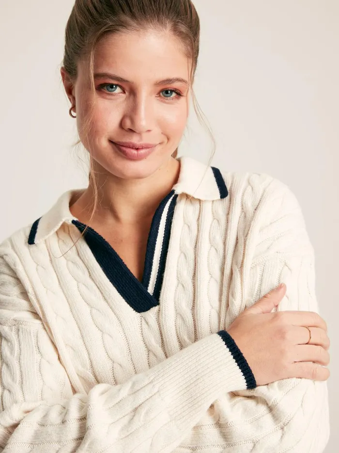Joules Knitwear Women CreamNavy Cable Knit Cricket Jumper