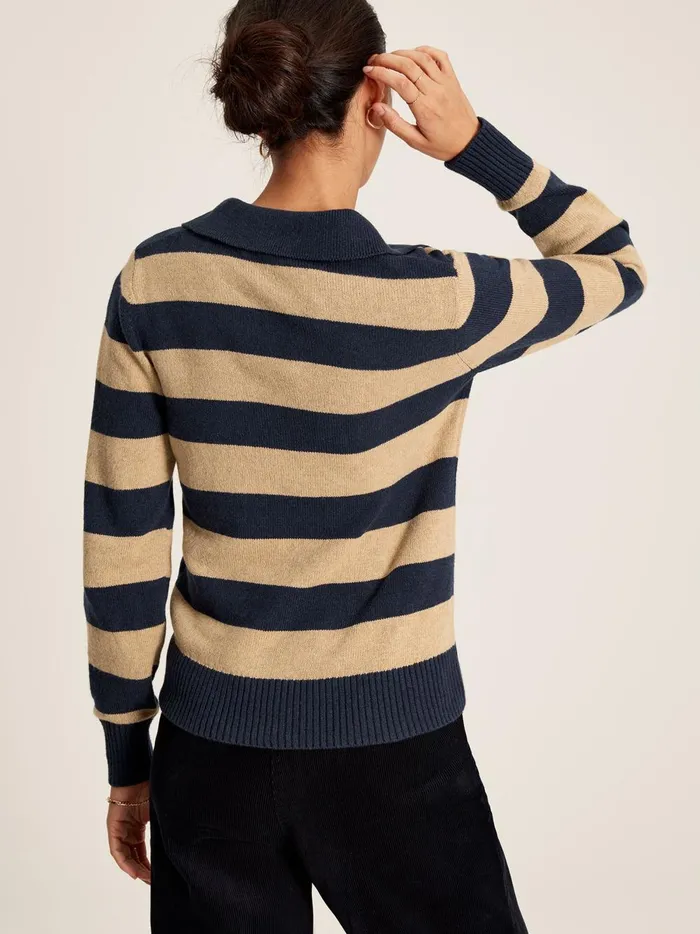 Joules Knitwear Women Oat Striped V Neck Jumper With Collar