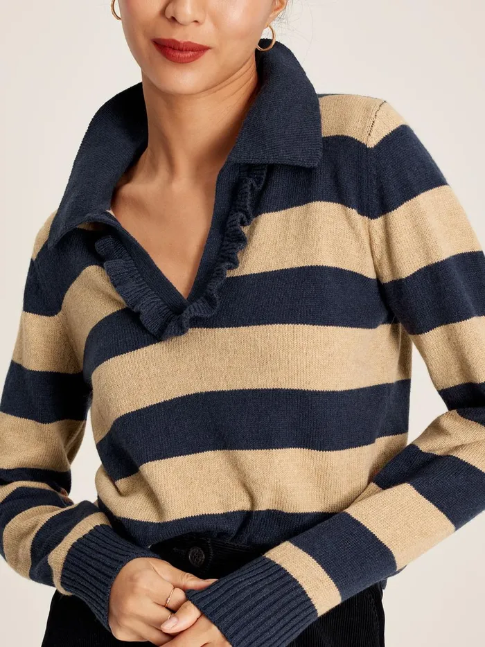 Joules Knitwear Women Oat Striped V Neck Jumper With Collar