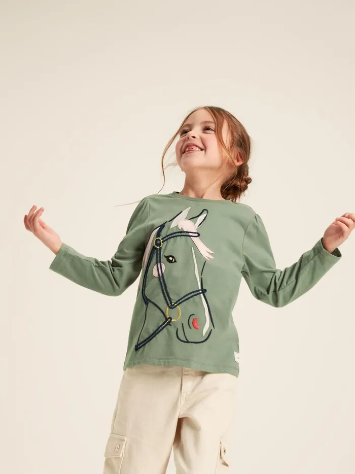 Joules Tops and Tshirts Girls Green Embroidered Horse Top
