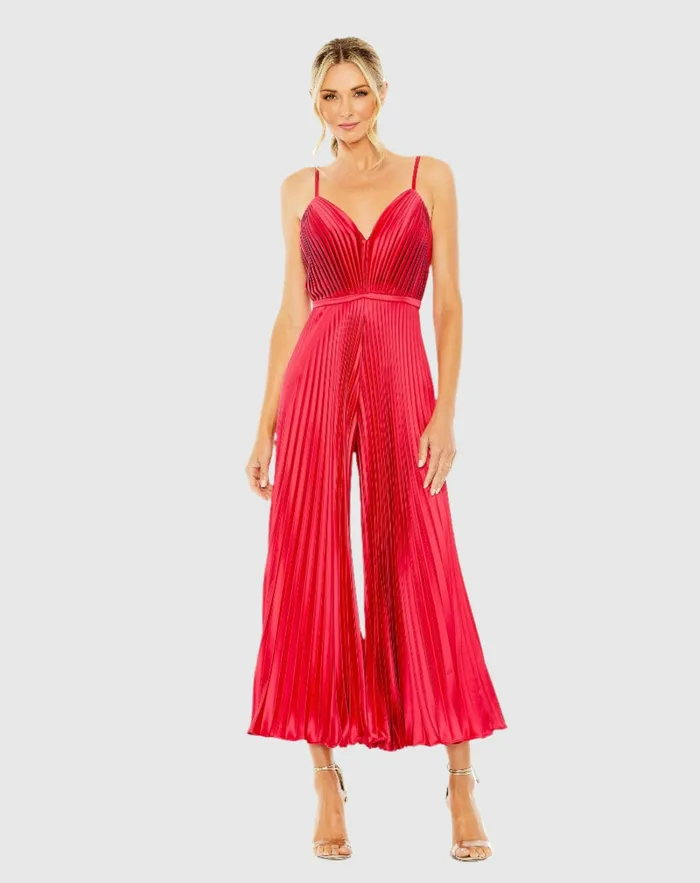 Jumpsuits and Rompers Mac Duggal Women Cropped Pleated VNeck Wide Leg Jumpsuit Cranberry