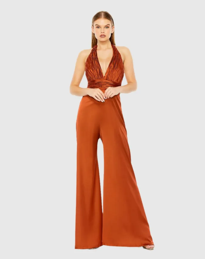 Jumpsuits and Rompers Women Mac Duggal Orange Ruched Halter Top Wide Leg Satin Jumpsuit Rust