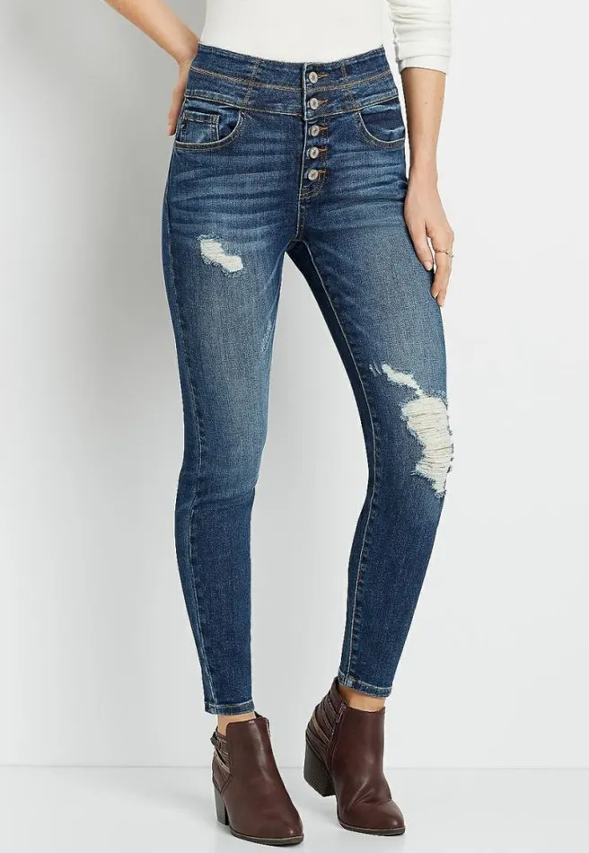 Kancan Super High Rise Dark Destructed Curvy Button Fly Skinny Jean Women Maurices Jeans