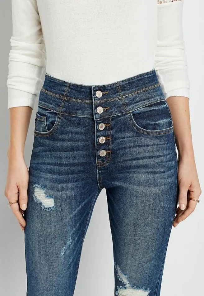 Kancan Super High Rise Dark Destructed Curvy Button Fly Skinny Jean Women Maurices Jeans