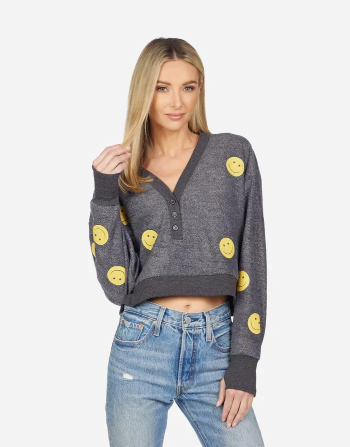 Kathryn All Over Yellow Smiley Charcoal Women Lauren Moshi Long Sleeve