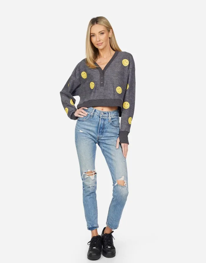 Kathryn All Over Yellow Smiley Charcoal Women Lauren Moshi Long Sleeve