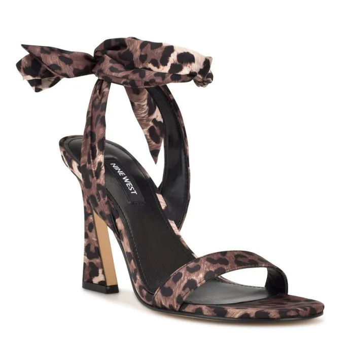 Kelsie Ankle Wrap Heeled Sandals Leopard Satin Women Nine West Sandals Kelsie Ankle Wrap Heeled Sandals Leopard Satin Women Nine West Sandals