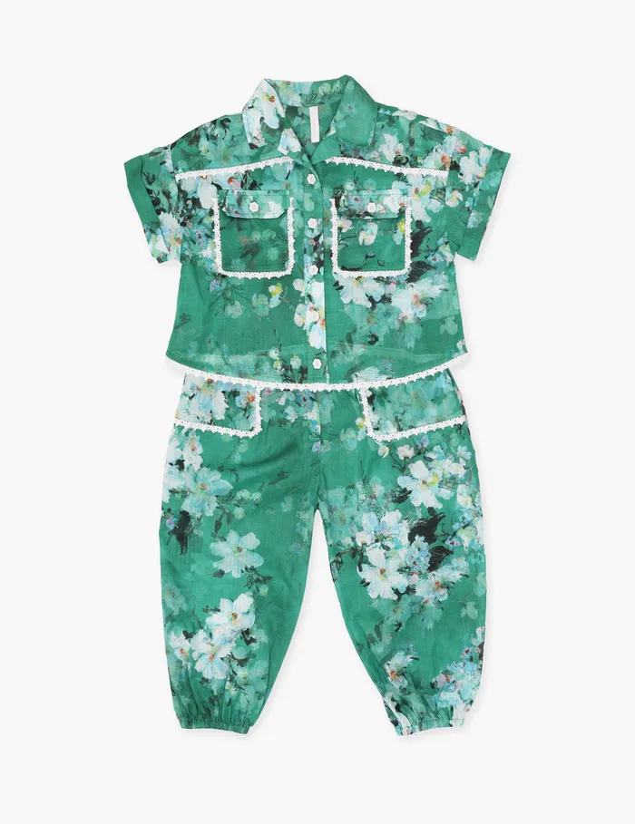 Kids Zimmermann Clothing Everley Pocket Pant Green Watercolour Floral