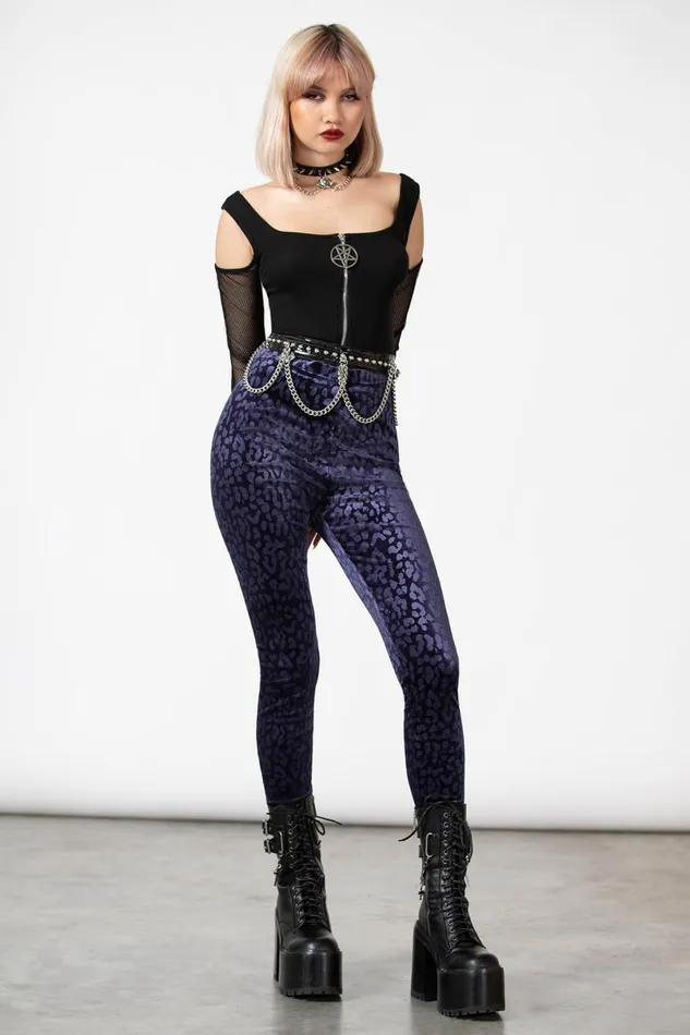 Killstar Velvet Women Caturday Leggings PLUM