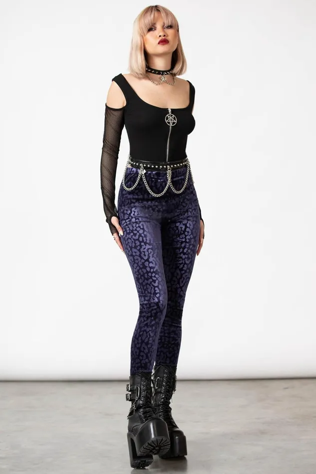 Killstar Velvet Women Caturday Leggings PLUM