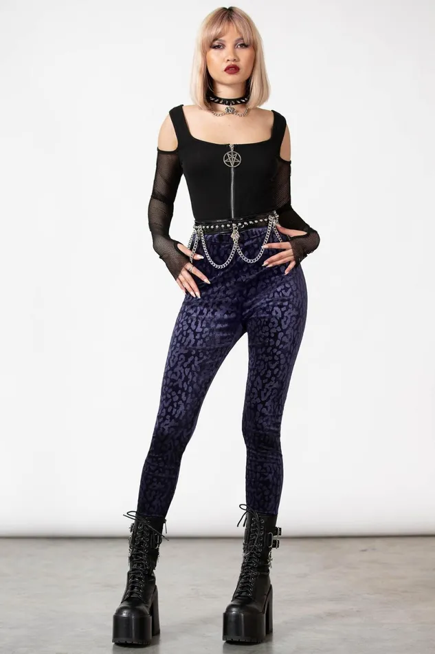 Killstar Velvet Women Caturday Leggings PLUM