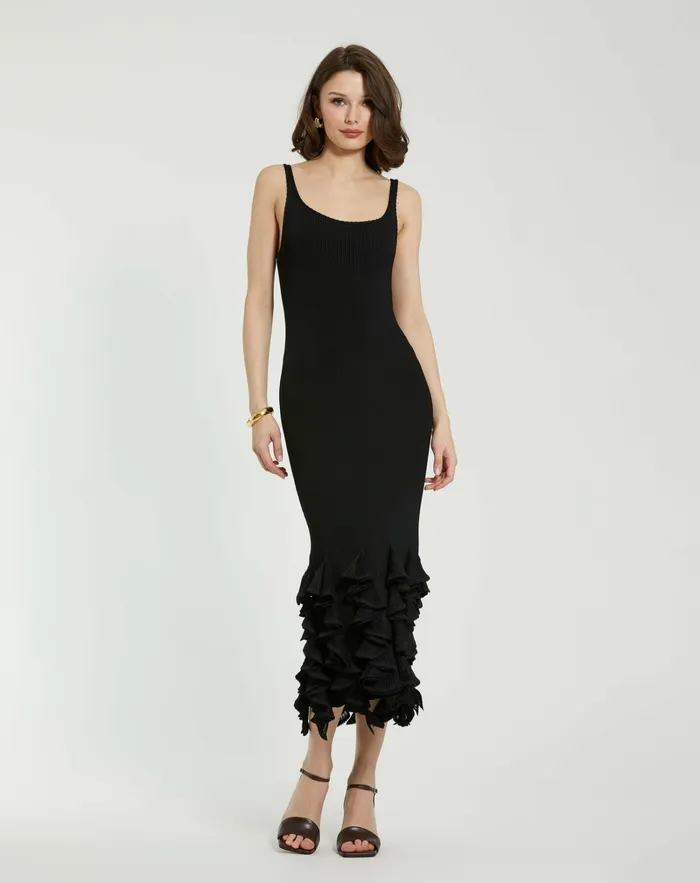 Knitwear Mac Duggal Women Rib Knit Sleeveless Midi Dress With Ruffle Hem Black