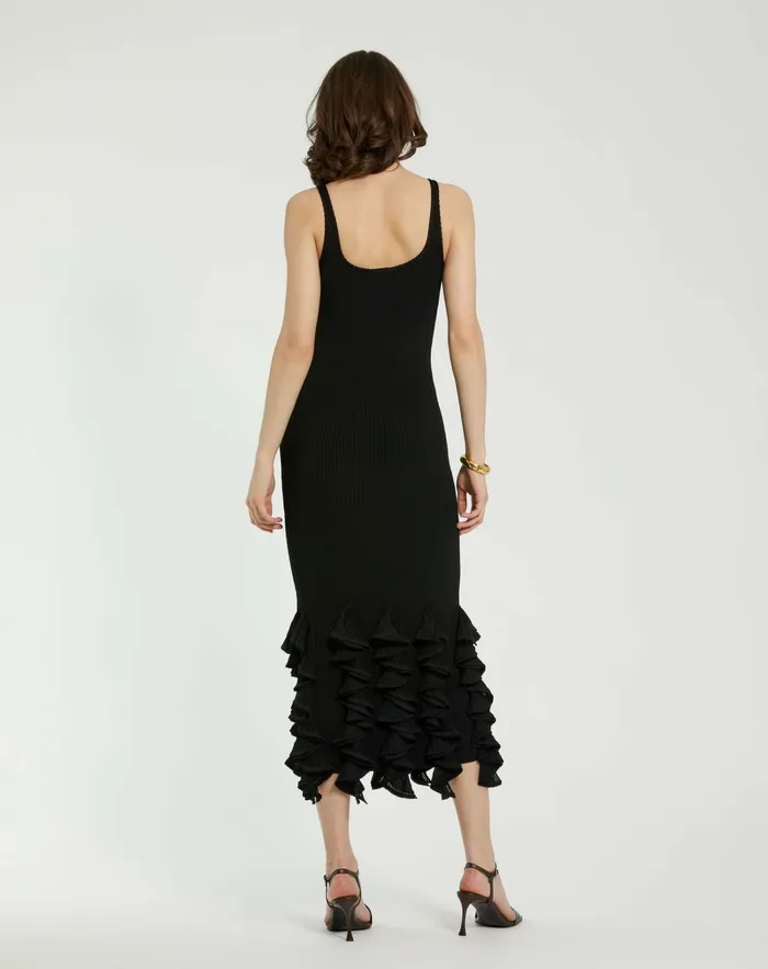 Knitwear Mac Duggal Women Rib Knit Sleeveless Midi Dress With Ruffle Hem Black