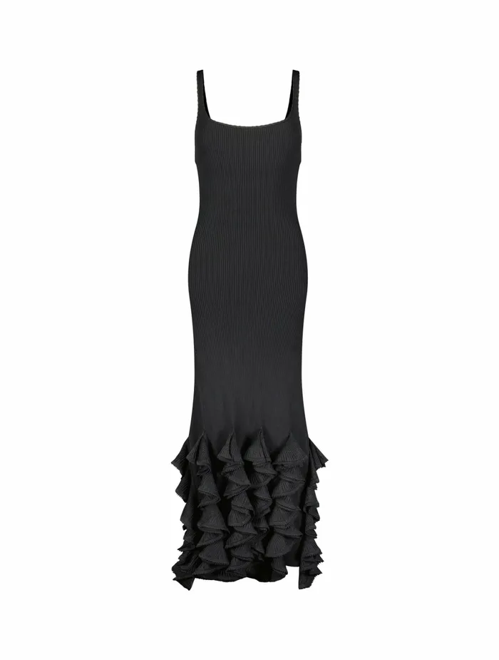 Knitwear Mac Duggal Women Rib Knit Sleeveless Midi Dress With Ruffle Hem Black