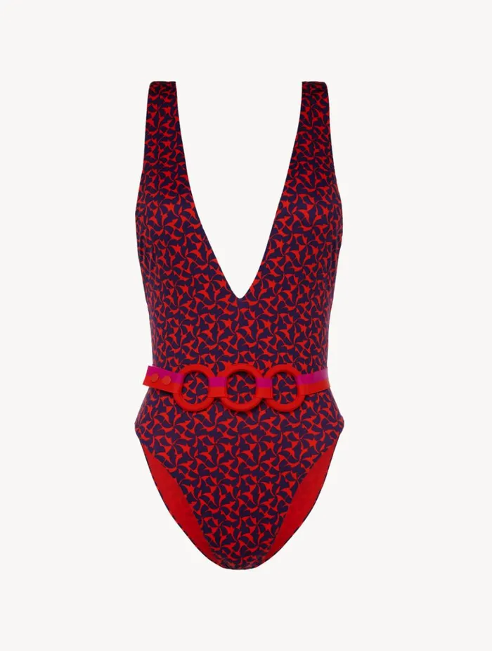 La Perla Belted Swimsuit In Red And Blue Women OnePiece Bathing Suits