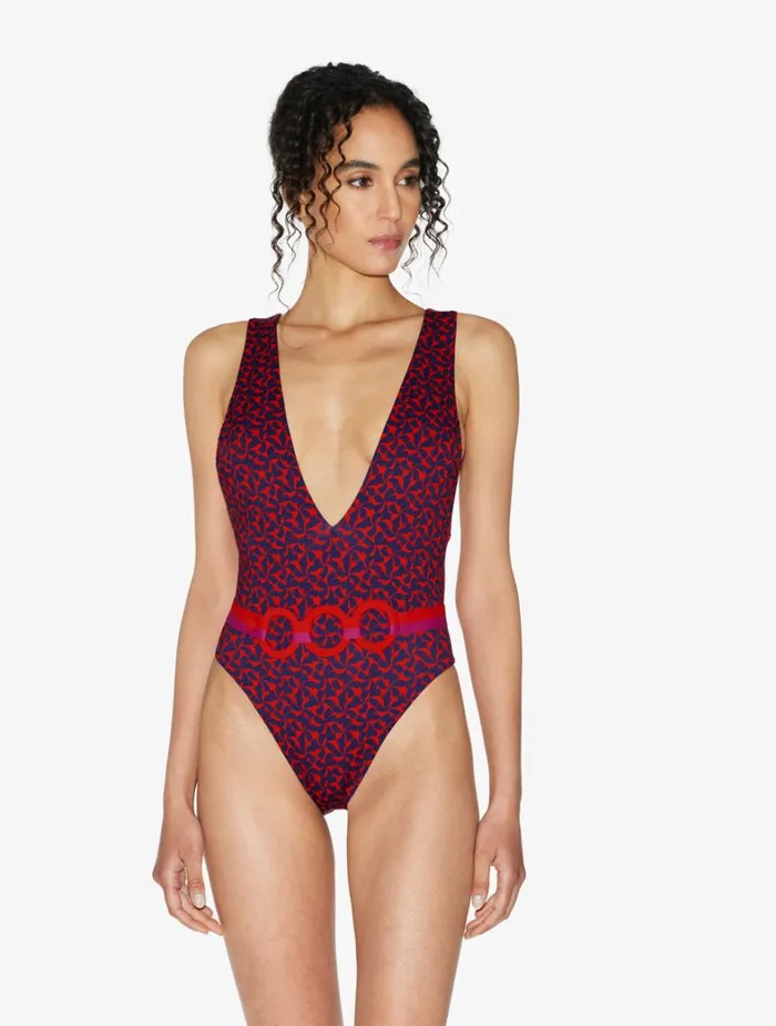 La Perla Belted Swimsuit In Red And Blue Women OnePiece Bathing Suits