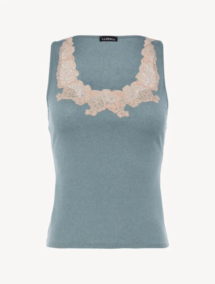 La Perla Cashmere Blend Ribbed Tank Top In Sleepy Dream With Frastaglio Women Camisoles