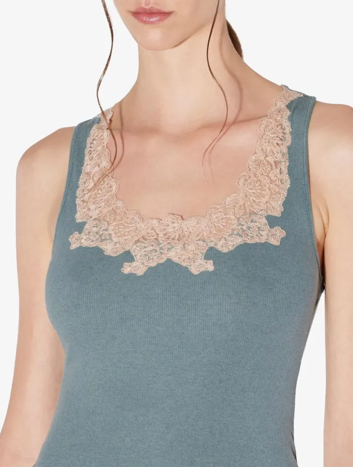 La Perla Cashmere Blend Ribbed Tank Top In Sleepy Dream With Frastaglio Women Camisoles