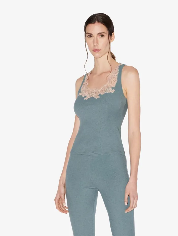 La Perla Cashmere Blend Ribbed Tank Top In Sleepy Dream With Frastaglio Women Camisoles