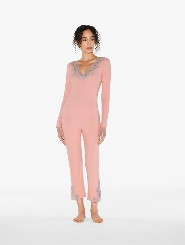 La Perla Cashmere Blend Ribbed Trousers In Blush Clay With Frastaglio Women Pajamas