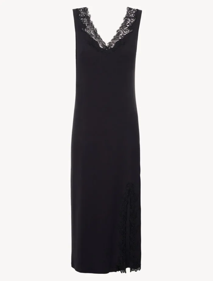 La Perla Long Cashmere Blend Ribbed Nightgown In Onyx With Frastaglio Women Pajamas